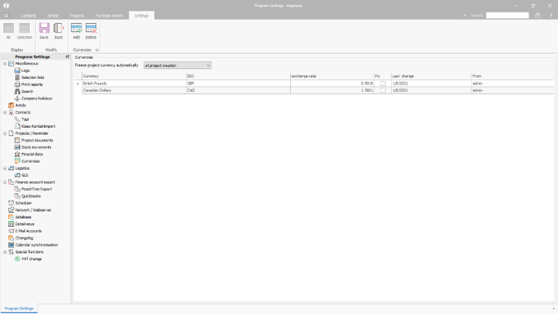 Click to Enlarge Stored currencies in the Program Settings