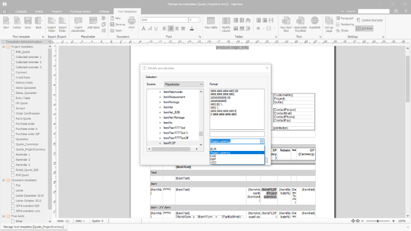 Click to Enlarge Usage of the project currency in the project templates