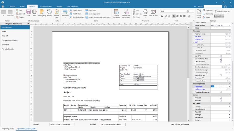 Click to Enlarge Selection of the project currency in the project