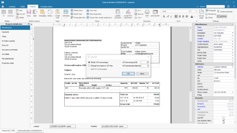Manual change of the VAT in the project