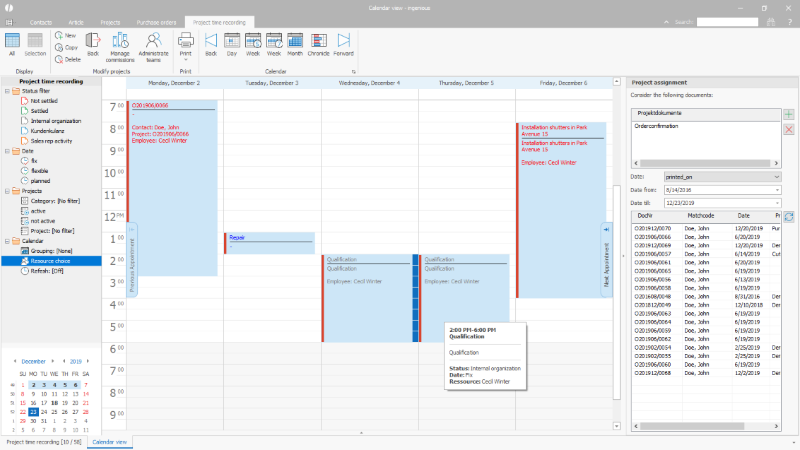 Click to Enlarge Calendar view of the project times