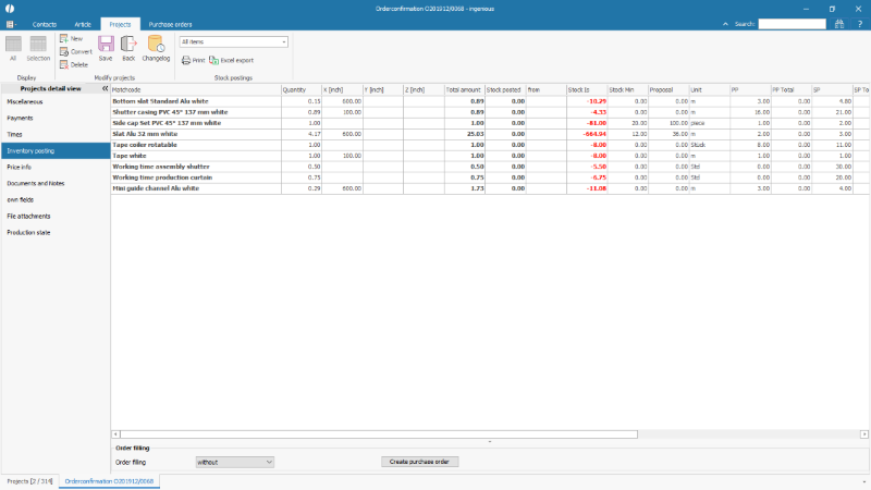 Overview inventory posting in a project document