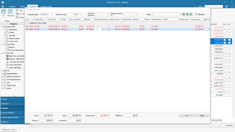 Open invoices of a combined payment