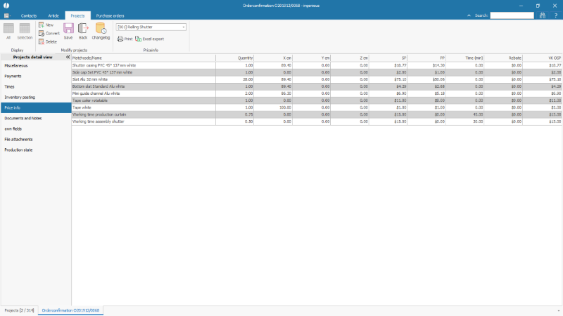 Price info of a part list item in a project