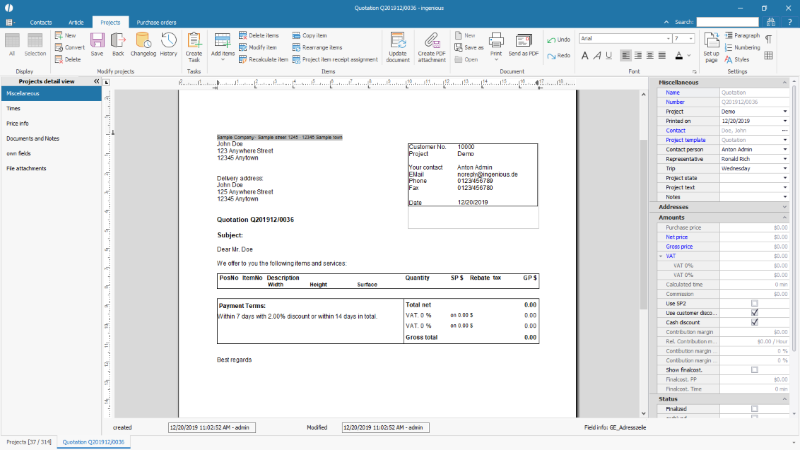 Project document in the WYSIWYG view