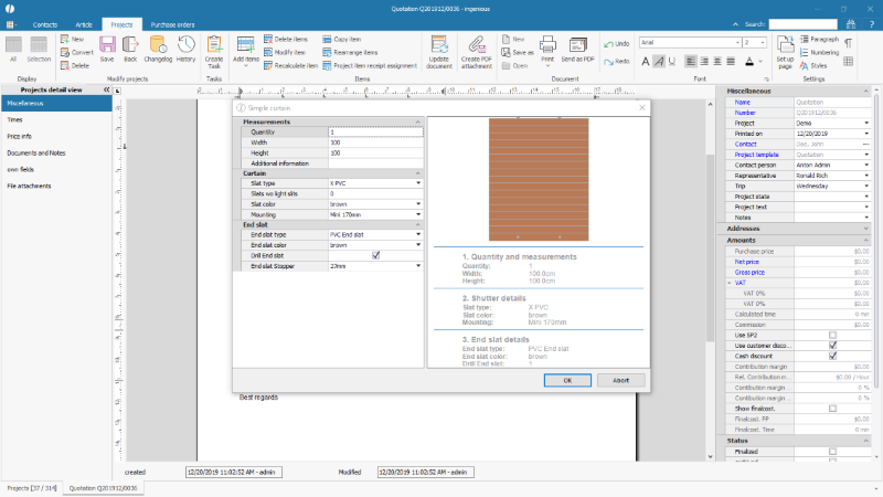 Product configurator in the project document