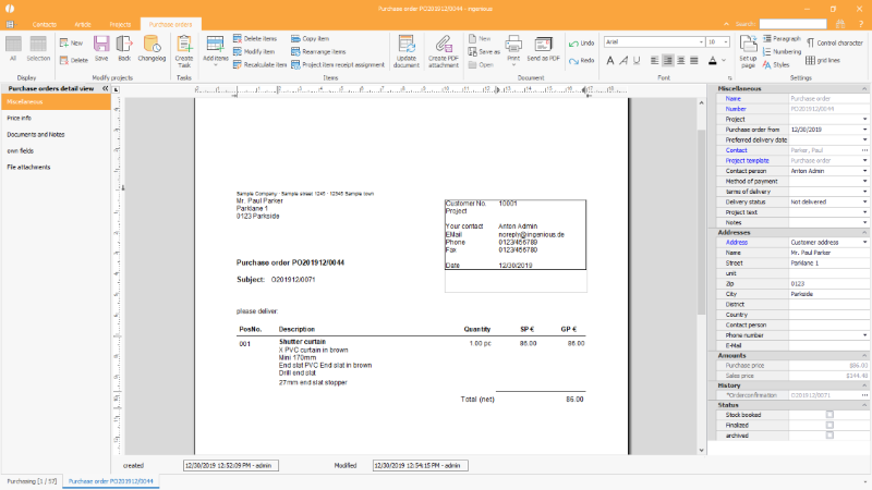 Detail view of a commission order with history in the sidebar