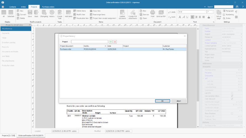 Presentation of the link to a commission purchase order in the order / contract