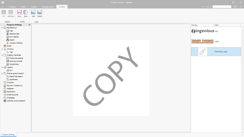 Watermark logo saved in the program settings