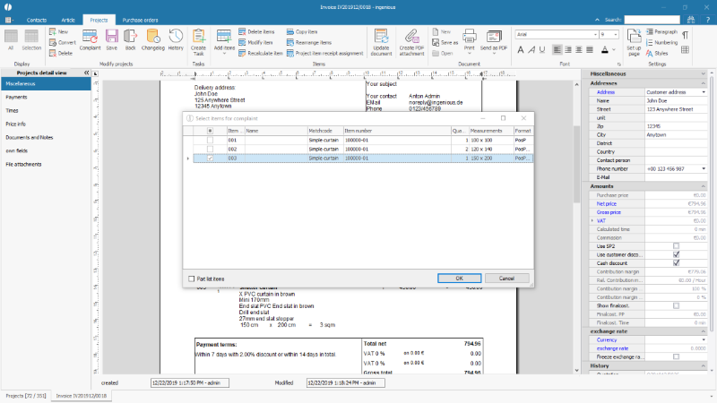 Selection of the complained items