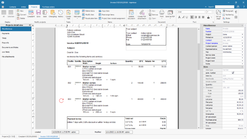 Invoice with a complaint item