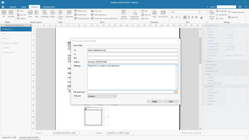 Send email window in the project