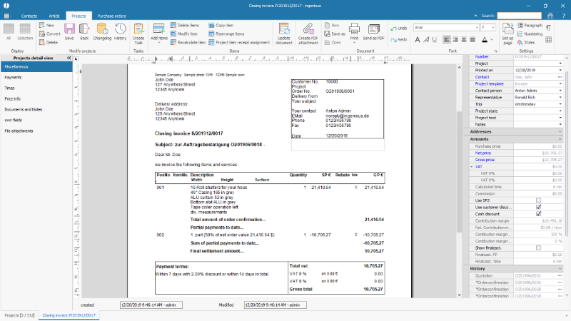 Example final invoice