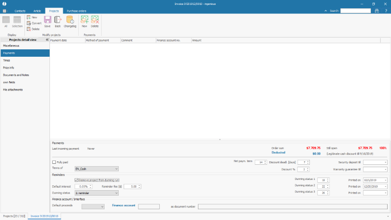 Dunning parameters of an invoice