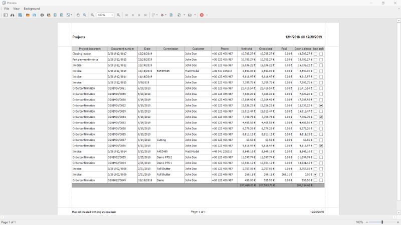 Print preview of a projects list