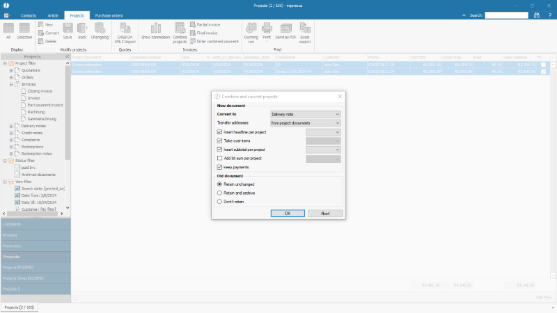 Selection and configuration of a combined project document
