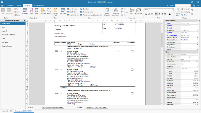 Combined delivery note out of 2 order confirmations