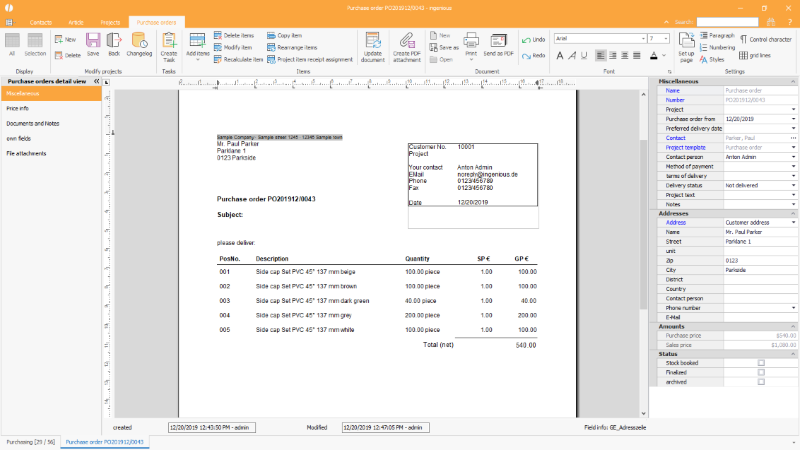 Purchase orders detail view