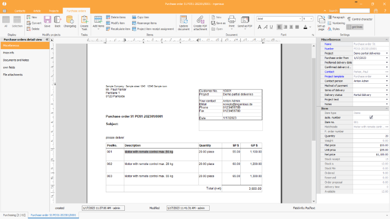 Click to Enlarge Purchase order with partial delivery