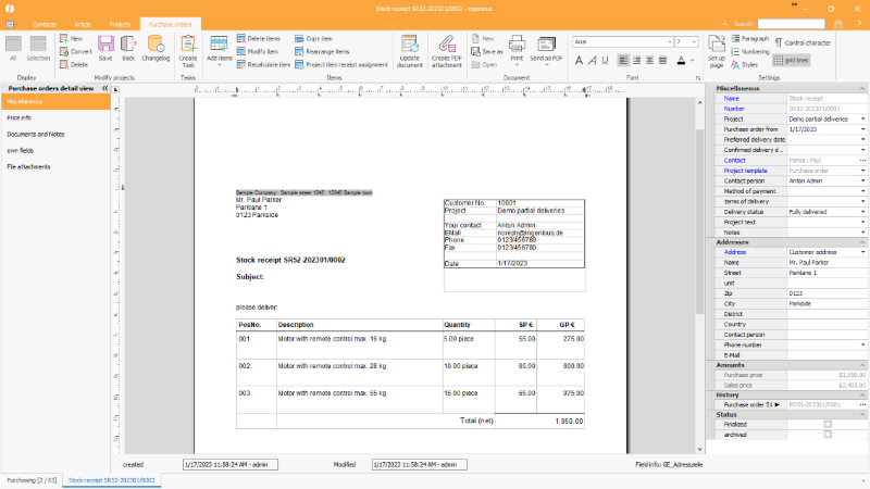 Click to Enlarge Stock receipt document with the open items and quantities
