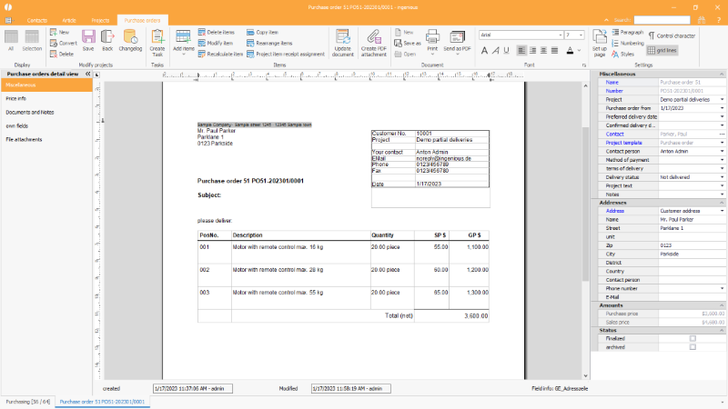 Click to Enlarge Purchase order with positions