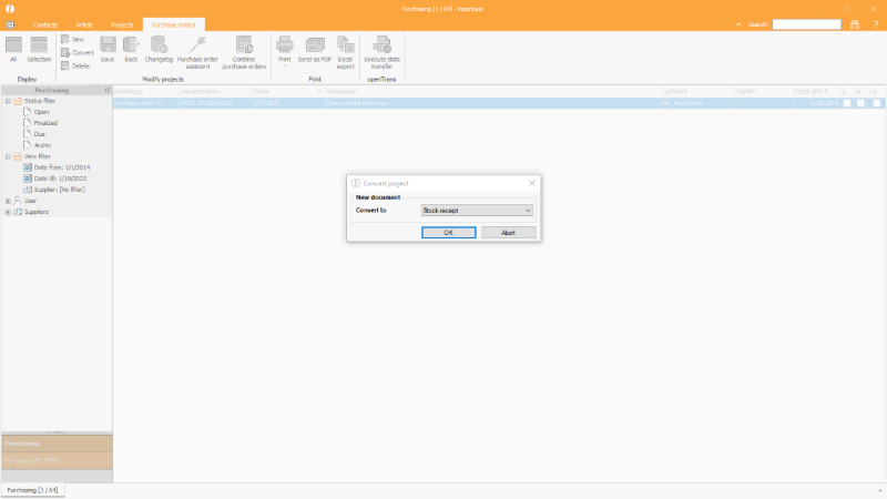 Click to Enlarge Convert purchase order to stock receipt decument