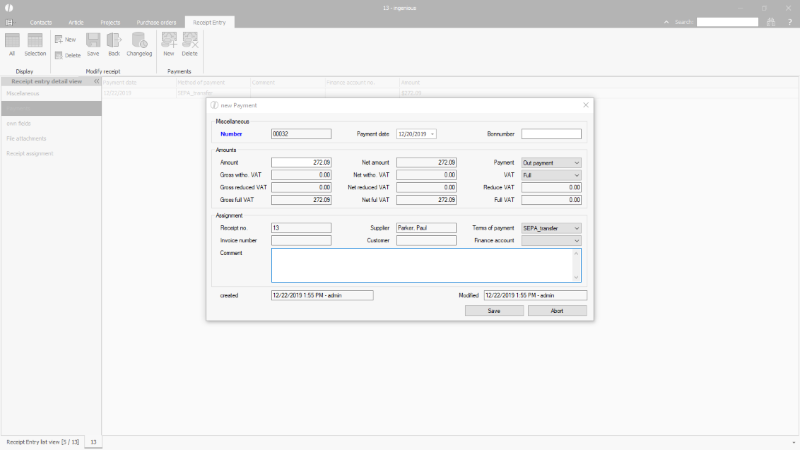 Recording of a payment for an incoming receipt directly in the receipt