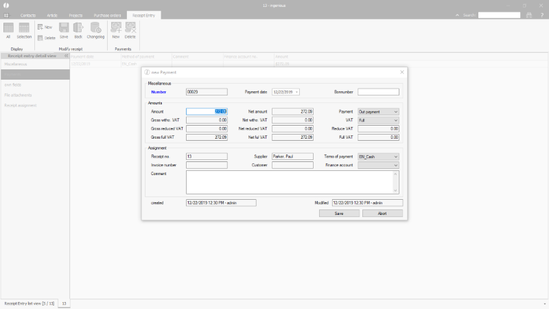 Recording of a payment for a receipt