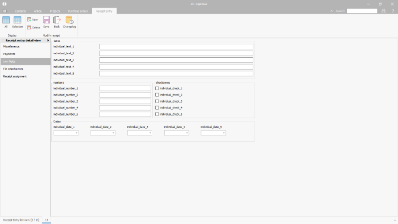 own fields for individual data of an incoming receipts