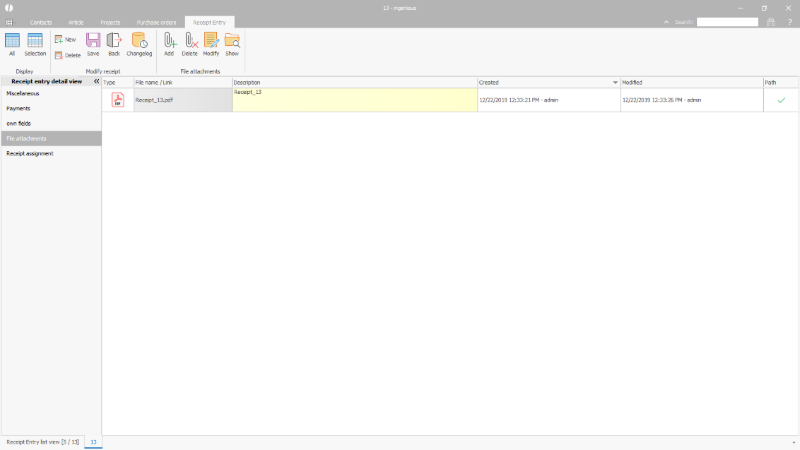 File attachments of an incoming receipt
