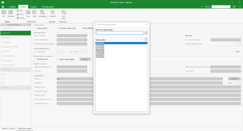 Serial number entry in the article data