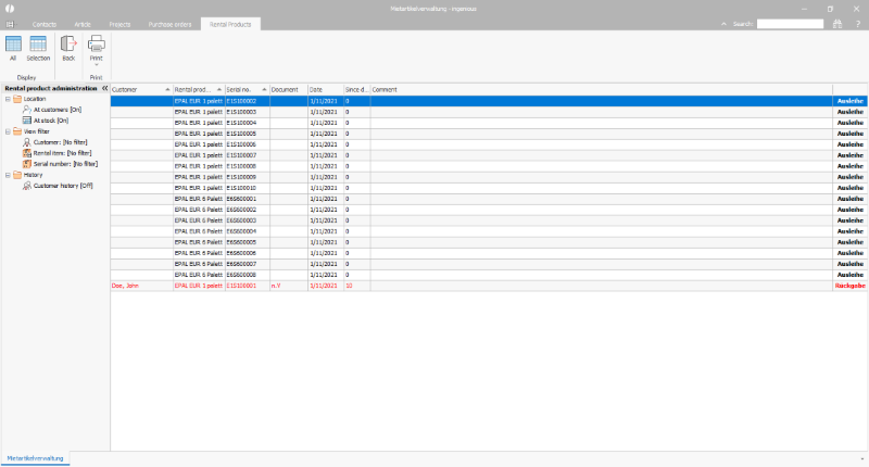 The rental product administration
