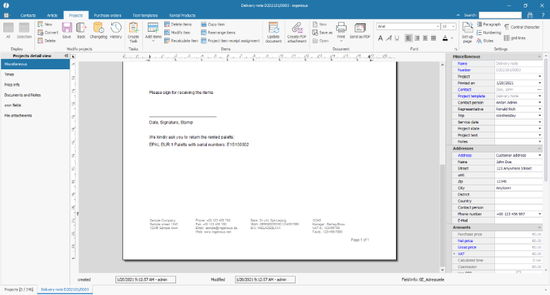 Note on a customer document