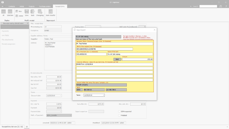 SEPA transfer for an incomin receipt