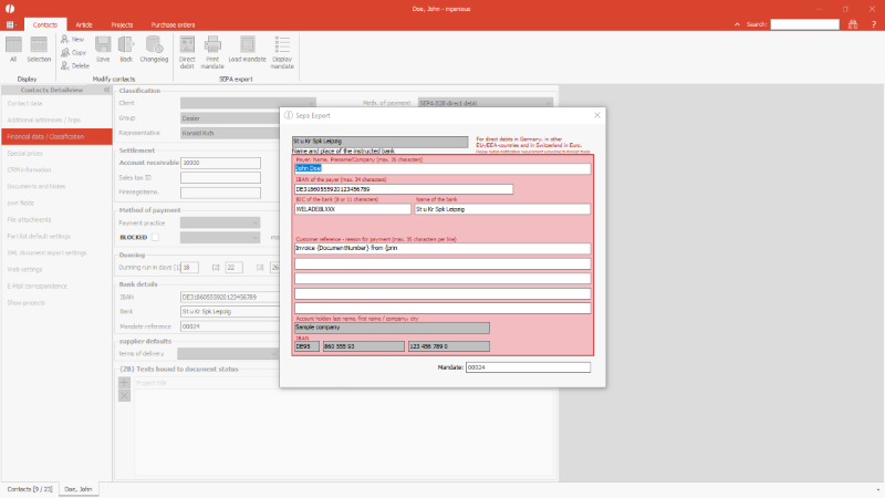 Entry mask of a B2B direct debit