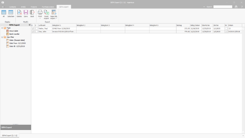 List view of the open SEPA payments