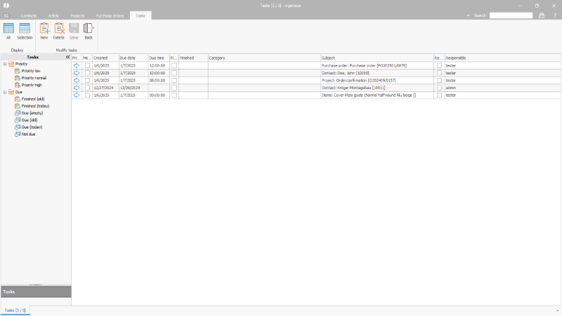 List view of the tasks module