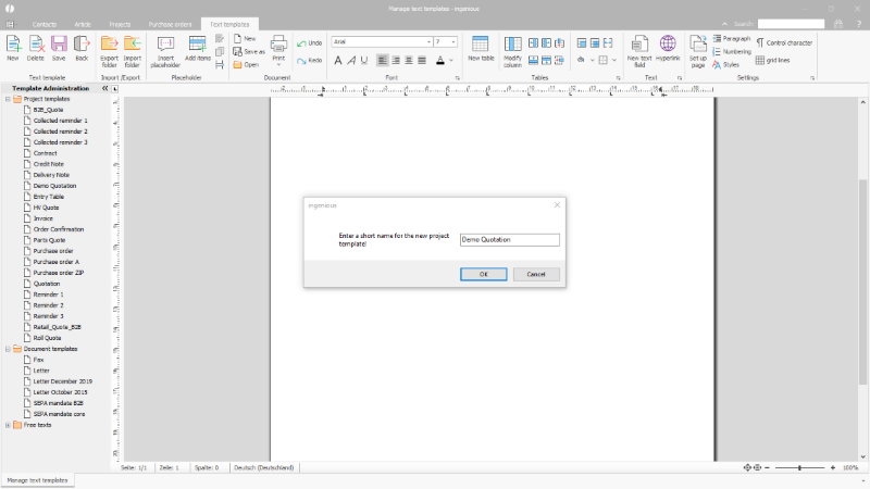 Click to Enlarge New creation of a project template