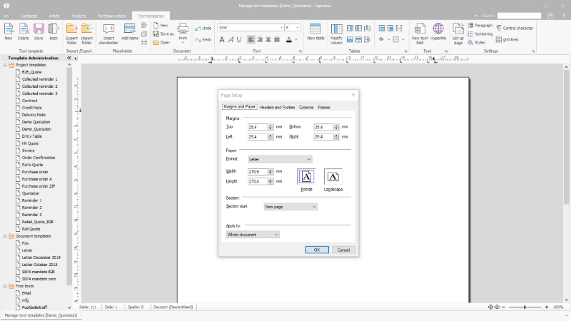 Click to Enlarge Options for page setup
