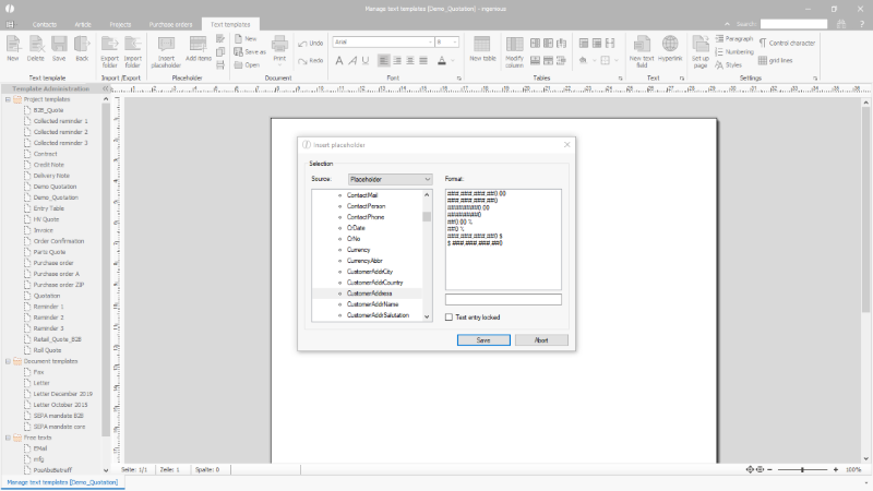 Click to Enlarge Selection of the placeholder for the use in the project template