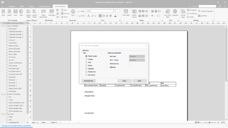 Click to Enlarge Insertion of the position placeholder in a project template