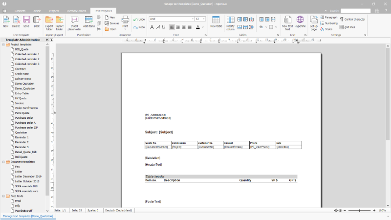 Click to Enlarge Defined table header in a project template