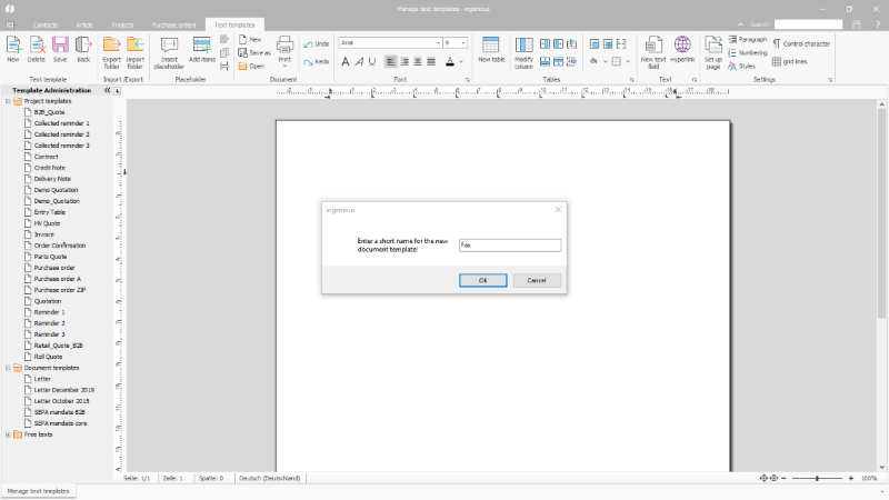 Click to Enlarge New creation of a document template
