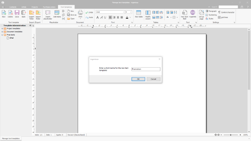 Click to Enlarge New creation of a free text