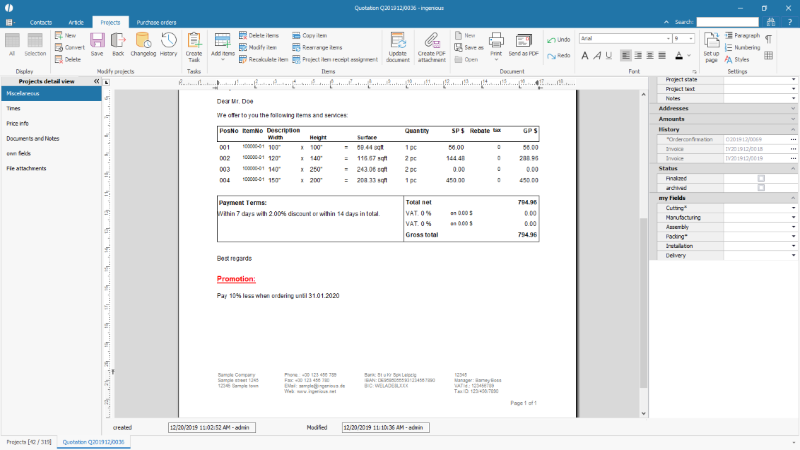 Click to Enlarge Inserted free text in a project document