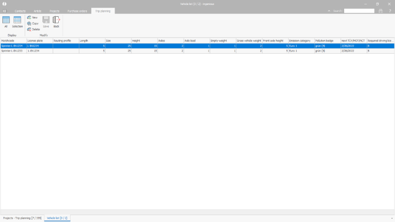 Click to Enlarge Vehicle list of the trip planning