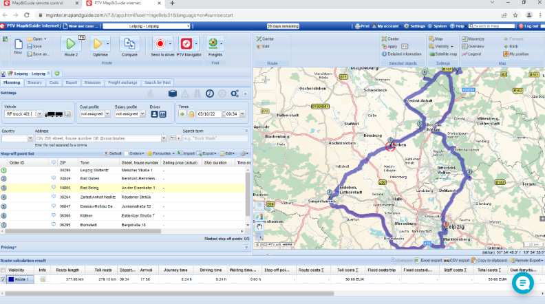 Click to Enlarge In PTV Map&Guide internet optimized route