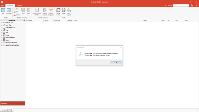 Click to Enlarge Notification of lacking user rights