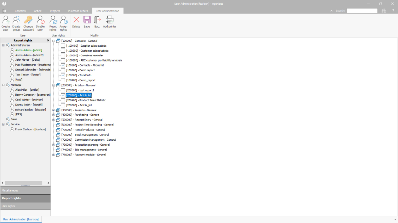 Click to Enlarge Setting the report rights of a new user