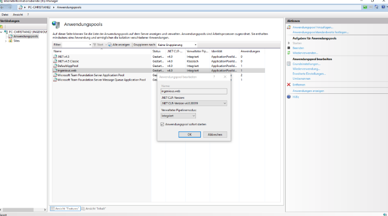 Auswahl der .NET Framework Version
